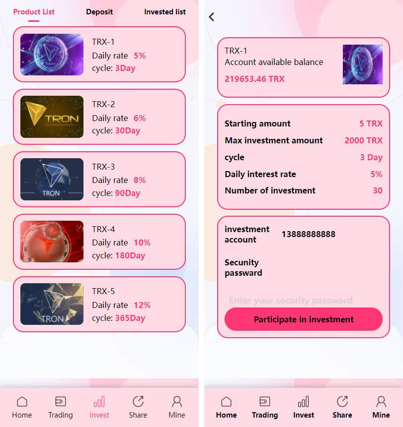 价值500u的trx粉色UI多语言理财系统源码
