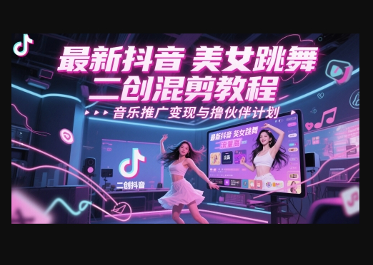 最新抖音美女跳舞二创混剪教程，流量高，音乐推广变现与撸伙伴计划